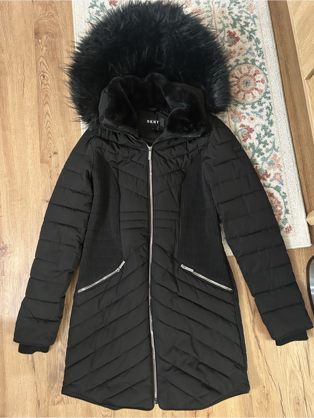DKNY Black Quilted Puffer Coat with Faux Fur Hood